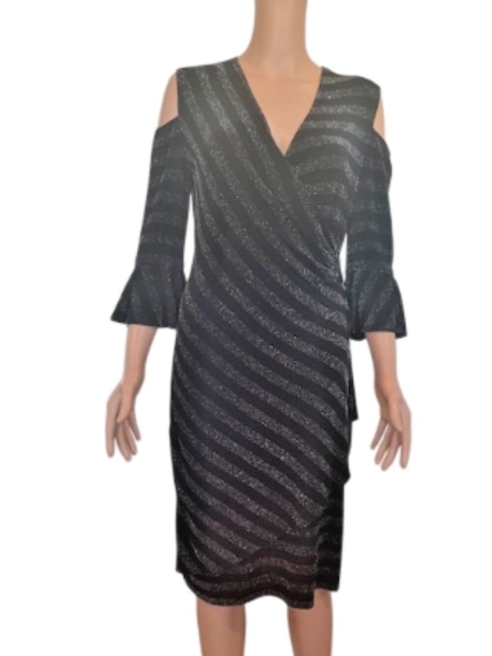 Joseph Ribkoff Black with silver metallic Stripe Cold‑Shoulder Dress (Size 10)